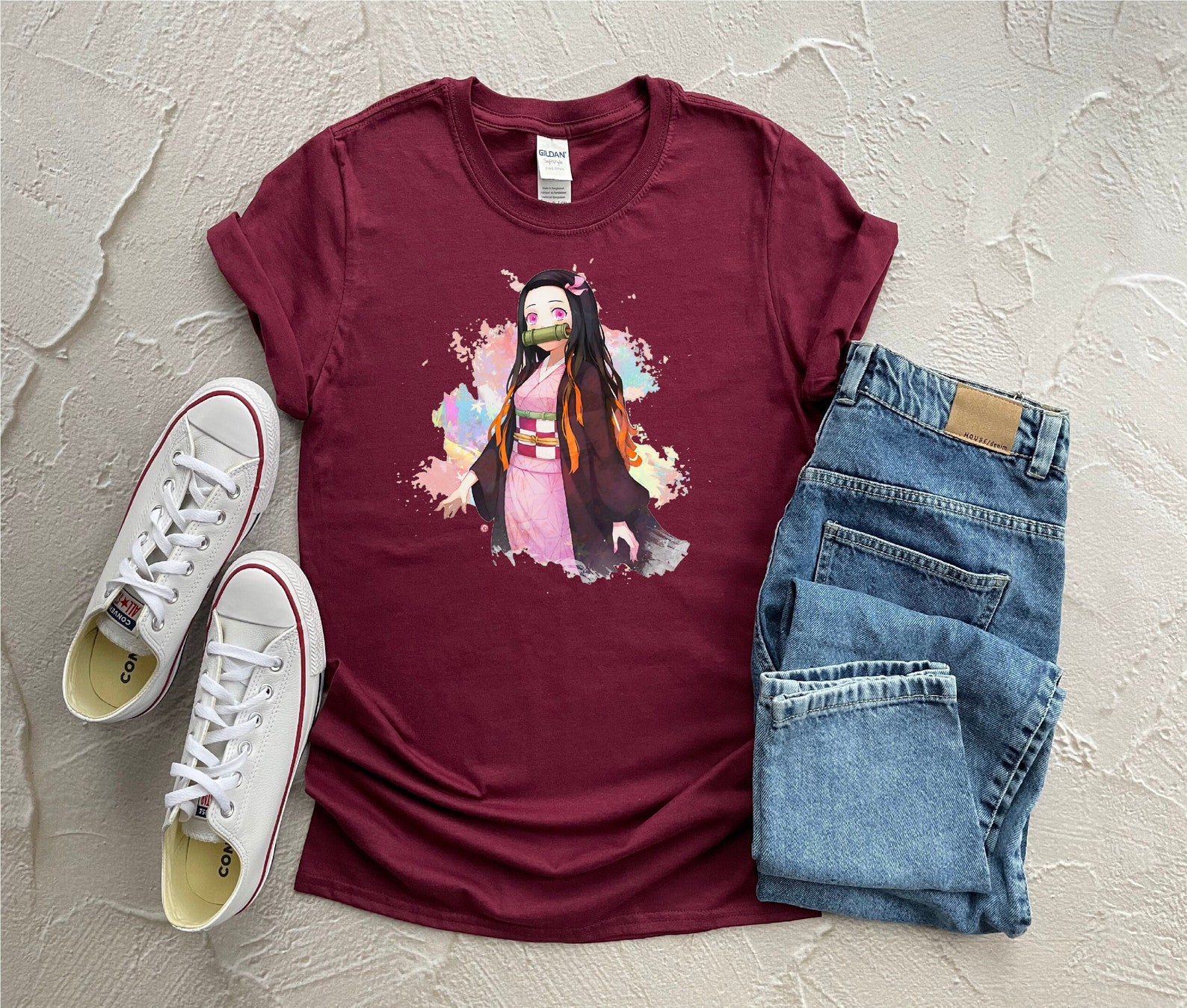 red t-shirt with Nezuko on it