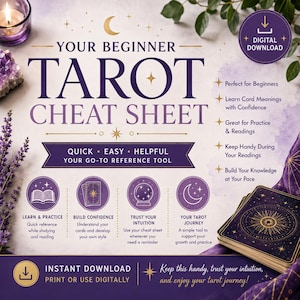 Könnte beinhalten: Ein digitaler Tarot-Spickzettel zum Herunterladen mit violettem und goldenem Text unter dem Titel Your Beginner Tarot Cheat Sheet. Die Grafik enthält Symbole für Lernen, Selbstvertrauen, Intuition und ein Tarotkartendeck zur Veranschaulichung.