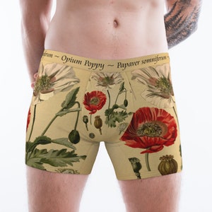 Opium Poppy ~ Mens Boxer Briefs ~ Mens Underwear ~ Botanical Art Underwear ~ Papaver somniferum