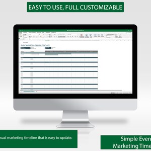 May include: A computer screen displaying a spreadsheet with the title "Event Marketing Timeline Template". The spreadsheet is a visual marketing timeline that is easy to update.