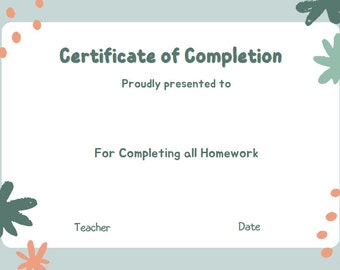 Certificate of completion for homework and attendance