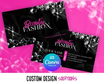 Beauty Fashion Business Card Template, Black Pink Sparkle (Canva DIY)