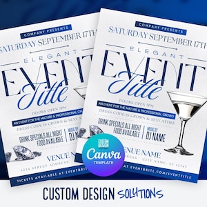 May include: Two event flyers with a blue and white design. The text includes "Elegant Event Title", "Saturday September 17th", and event details. A martini glass and diamond illustrations are also present. The Canva template logo is visible.