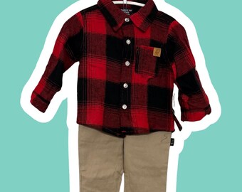 Tweedelig babyset: 12 maanden | Rood flanellen shirt en kaki broek | NWT-babyoutfit