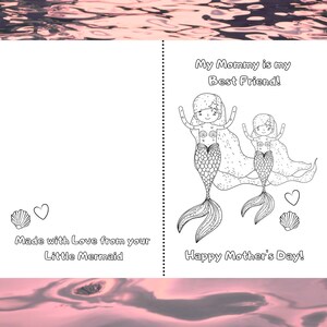 Tarjeta plegable imprimible para el Día de la Madre para que los niños coloreen. Mamá sirena y su hija, mejores amigas