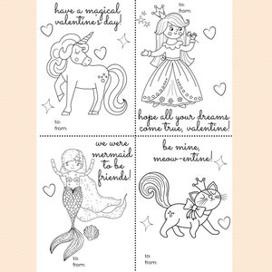 Sereia, Princesa, Unicórnio, Gatinho - Conjunto de 4 Cartões de Dia dos Namorados para Imprimir para Colorir