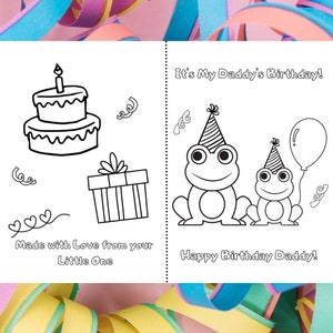 お父さんの誕生日です。印刷して色を塗れる折り畳み式の子供用誕生日カードです。お父さんと息子または娘のカエル