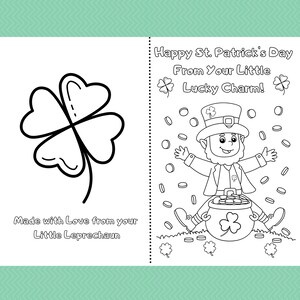 Tarjeta imprimible plegable con amuleto de la suerte para el Día de San Patricio para colorear y regalar a abuelos, mamá, papá, tía, tío, primo o amigo