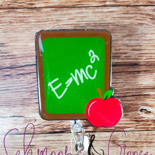 Cute Chalkboard Badge Reel, E=MC2 Chalkboard, Teachers Badges, Teacher Lanyards, Cute badge reel