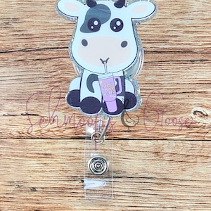 Cute Cow Badge Reel, Tumbler Cow, Gift for Cow Lovers, Animal Badge Reel, Teacher Badge Reel, Nurse Badge Reel