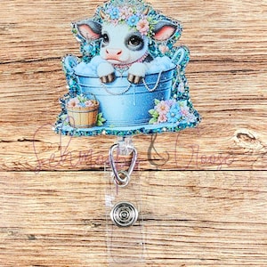 Cow Badge Reel, Bathing CowCow, Cow Lover Gift, Animal Badge Reel, Teacher Badge Reel, Nurse Badge Reel