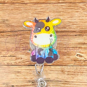 Tie Dye Cow Badge Reel, Rainbow Cow, Gift for Cow Lovers, Animal Badge Reel, Teacher Badge Reel, Nurse Badge Reel, Interchangeable Badge