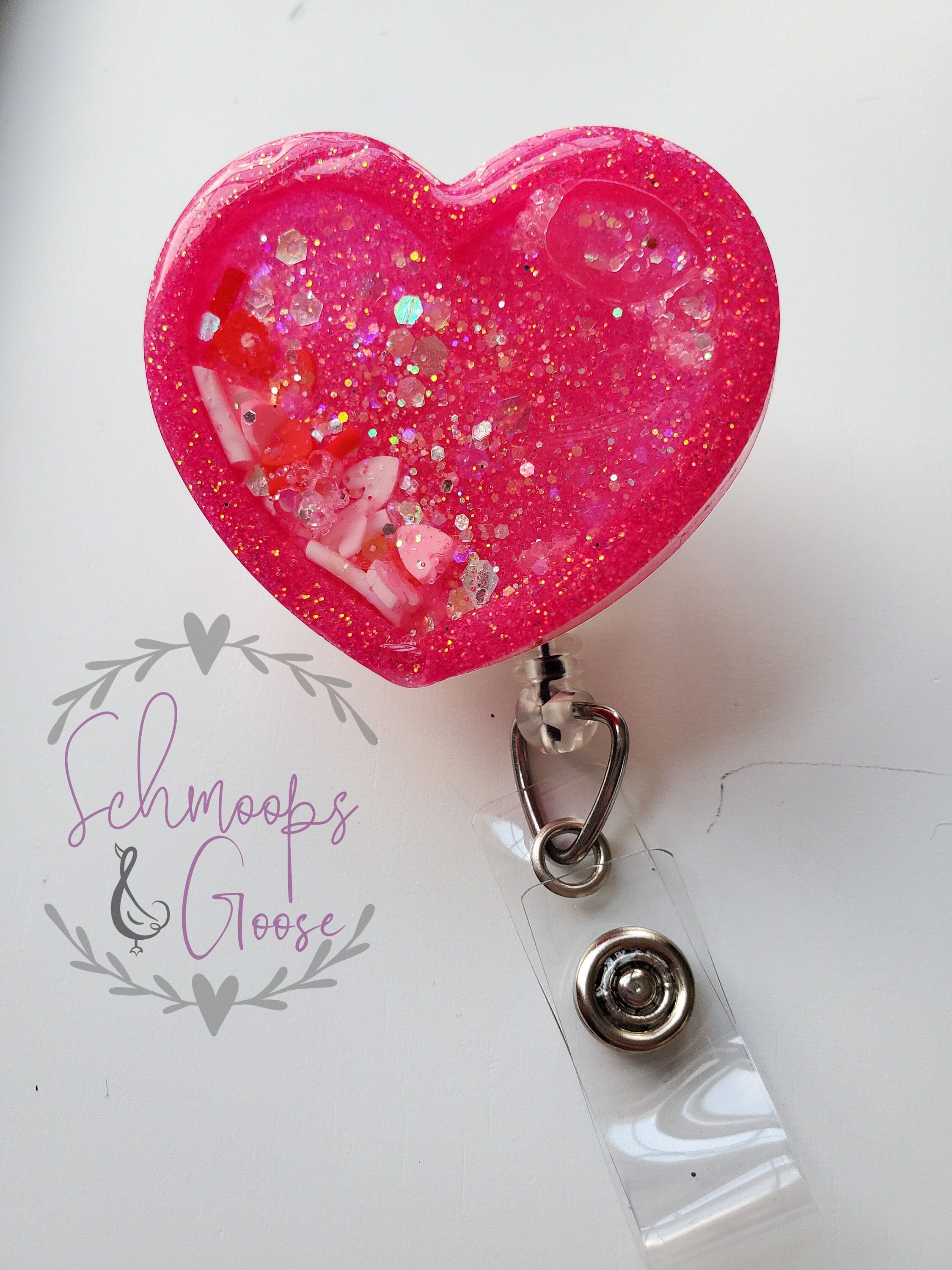 Pink Glitter Heart Shaker Badge Reel