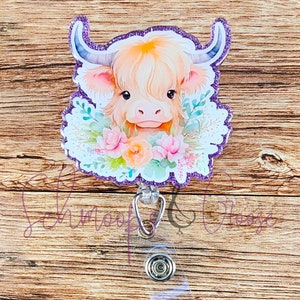 Floral Highland Cow Badge Reel, Badge holder, Nurse Badge Reel, Office Badge Reel, Cow Lovers Gift