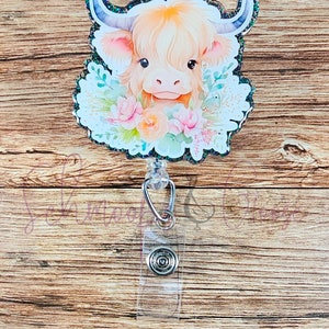 Floral Highland Cow Badge Reel, Badge holder, Nurse Badge Reel, Office Badge Reel, Cow Lovers Gift