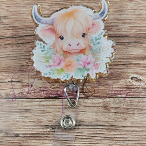 Floral Highland Cow Badge Reel, Badge holder, Nurse Badge Reel, Office Badge Reel, Cow Lovers Gift