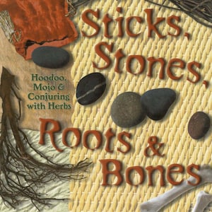 May include: Book cover for "Sticks, Stones, Roots & Bones" by Stephanie Rose Bird. The design includes a woven background, orange lettering for the title, and illustrations of stones, bones, and a small bag.