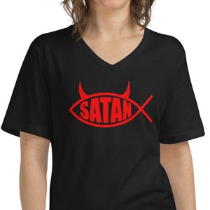 Red Ichthys Satan Fish with Horns Religious Satire Short Sleeve V-Neck T-Shirt