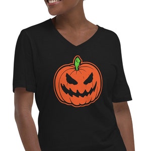 Jack O Lantern Scary Halloween Pumpkin Short Sleeve V-Neck T-Shirt