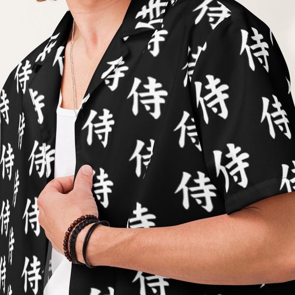 Samurai Kanji Symbol Button Up Shirt – Japanese Inspired Anime Alternative Summer Top, Lightweight Streetwear