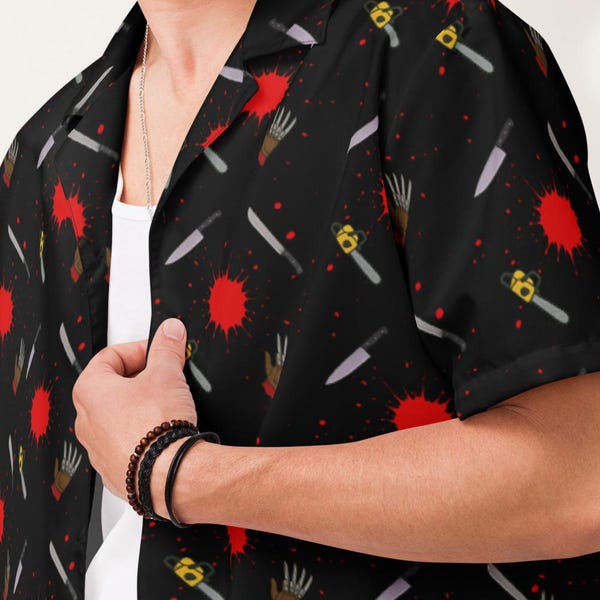 Classic Horror Weapons Blood Stained Button Up Shirt – Gothic Halloween Alternative Festival Streetwear Top