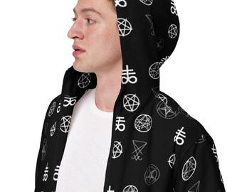 Demonology Occult Symbols Windbreaker Jacket – Gothic Hooded Coat, Dark Alternative Gift for Horror Fans
