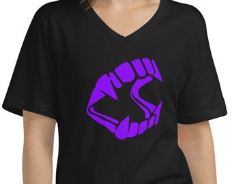 Purple Novelty Vampire Fangs Toy Dracula Teeth Short Sleeve V-Neck T-Shirt