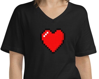 Retro 8 Bit Video Game Pixelated Heart Short Sleeve V-Neck T-Shirt