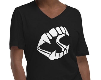 White Novelty Vampire Fangs Toy Dracula Teeth Short Sleeve V-Neck T-Shirt