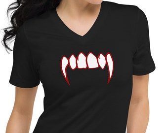 Bloody Vampire Fangs Horror Teeth Short Sleeve V-Neck T-Shirt