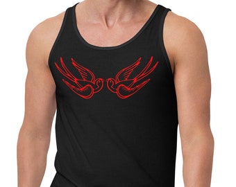Rode vallende mussen tattoo stijl vogel mannen tank top shirt