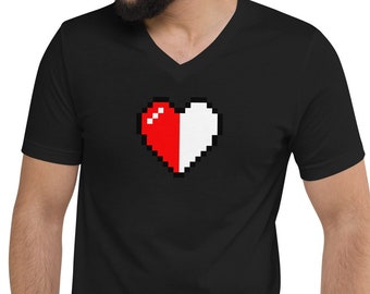 Retro 8 Bit Video Game Pixelated Half Heart Short Sleeve V-Neck T-Shirt