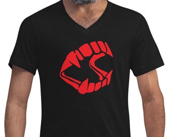 Red Novelty Vampire Fangs Toy Dracula Teeth Short Sleeve V-Neck T-Shirt
