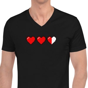 3 Heart Meter Retro 8 Bit Video Game Pixelated Short Sleeve V-Neck T-Shirt