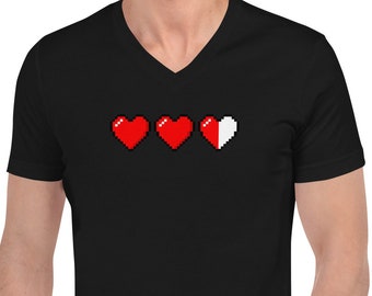 3 Heart Meter Retro 8 Bit Video Game Pixelated Short Sleeve V-Neck T-Shirt