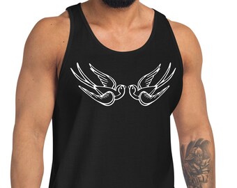 Wit vallende mussen tattoo stijl vogel heren tanktop shirt