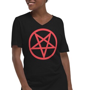 Red Classic Inverted Pentagram Occult Symbol Women's Short Sleeve V-Neck T-Shirt