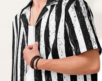 Black and White Vertical Stripe Distressed Button Up Shirt