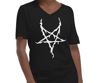Weißes Schmelzen Invertiertes Pentagramm Black Metal Style Frauen Kurzarm V-Ausschnitt T-Shirt