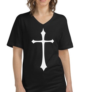 White Gothic Medeival Holy Cross Women’s Short Sleeve V-Neck T-Shirt