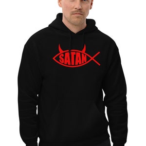 Red Ichthys Satan Fish with Horns Religious Satire Hoodie Sweatshirt