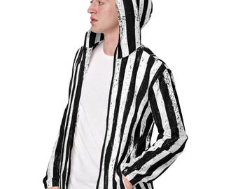 Black & White Vertical Stripe Windbreaker Hoodie – Distressed Gothic Jacket, Alt Streetwear Horror Lovers