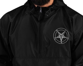 White Sigil of Baphomet Symbol Embroidered Champion Packable Jacket