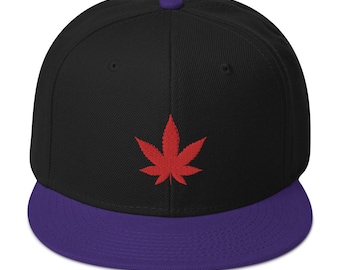 Red Marijuana Leaf Cannabis Plant Embroidered Flat Bill Cap