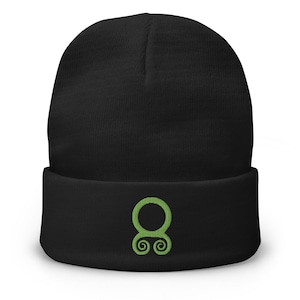 Green Viking Troll Cross Beanie – Norse Embroidered Cuff Hat, Gothic Alt Style, Cotton Blend, Warm & Breathable, One Size