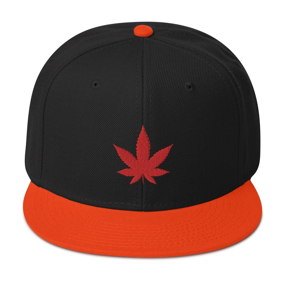 Red Marijuana Leaf Cannabis Plant Embroidered Flat Bill Cap