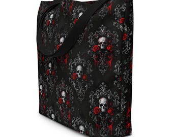Skull Roses Tote Bag – Gothic Raven Baroque Design, Dark Gift for Horror Lovers & Alternative Fashion Fans