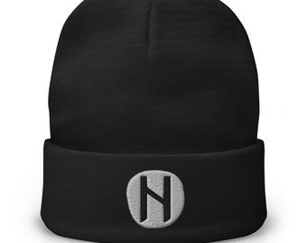 Hagalaz Rune Beanie Viking Change Symbol Norse Cuffed Knit Hat Gothic Black Metal Skull Cap
