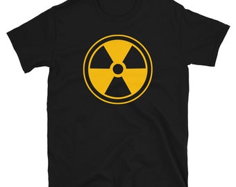 Camiseta amarilla de manga corta con señal de advertencia de radiación radiactiva