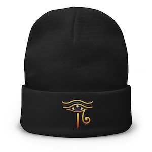 Eye of Ra Beanie – Egyptian Sun God Embroidered Cuff Hat, Gothic Occult Style, Cotton Blend, Warm Fit, Unisex Alternative Wear
